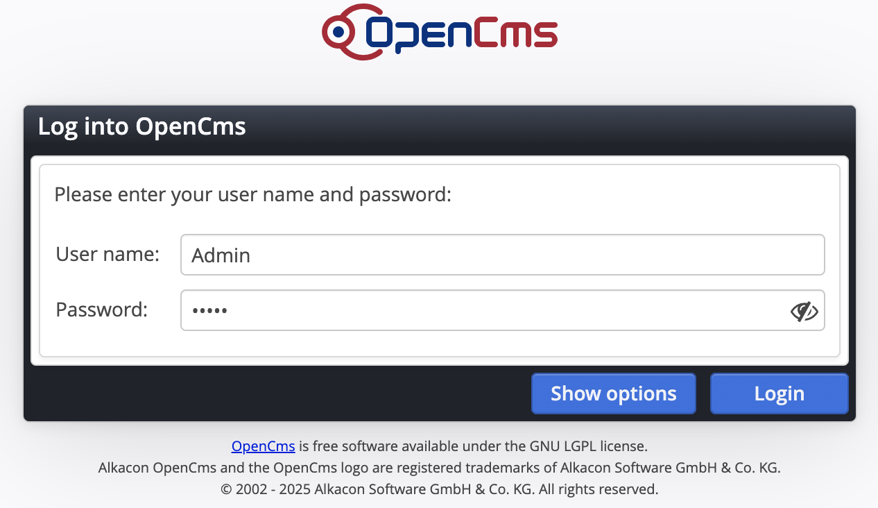 The login dialog of the OpenCms workplace.