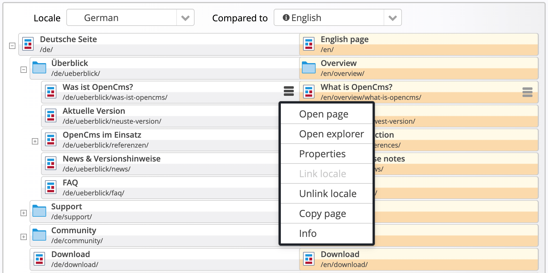 Compare locales dialog in the sitemap