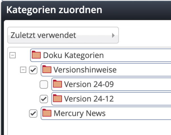 View of the most recently used categories (c) Alkacon Software View of the most recently used categories